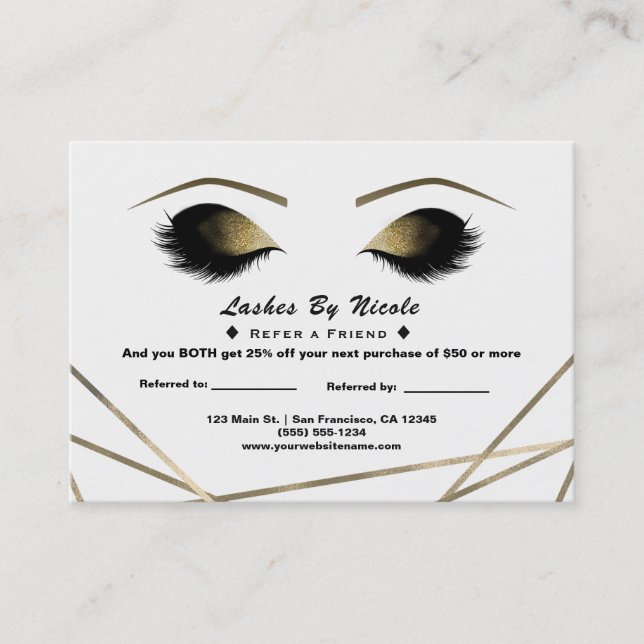 Gold Modern Glam Eyelashes Empfehlungskarte (Vorderseite)