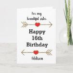 Gold Modern Personalized 16th Birthday Sister Karte<br><div class="desc">A red and gold modern 16th birthday card for my sister, which you can easily personalize with her name. Features glittery arrows with hearts. Inside this personalized modern 16th birthday card, it says "Wishing you love, happiness and laughter today and every day! Happy Birthday!" You can easily personalize your birthday...</div>