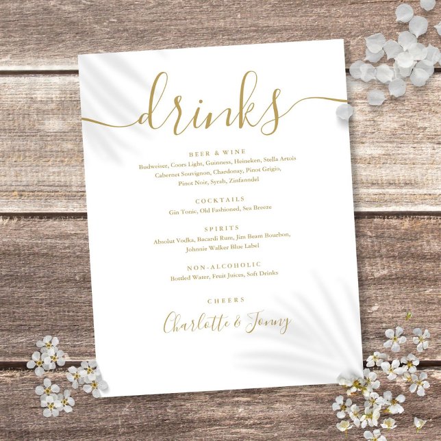 Gold Modern Script Wedding Drinks Menü (Gold Modern Script Wedding Drinks Menu Flyer)