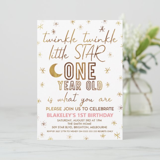 Gold Modern Twinkle Twinkle Little Star Geburtstag Einladung (Stehend Vorderseite)