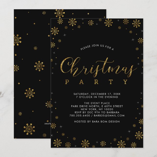 Gold | Moderne Schneeflocken Weihnachts-Abendessen Einladung (Vorne/Hinten)