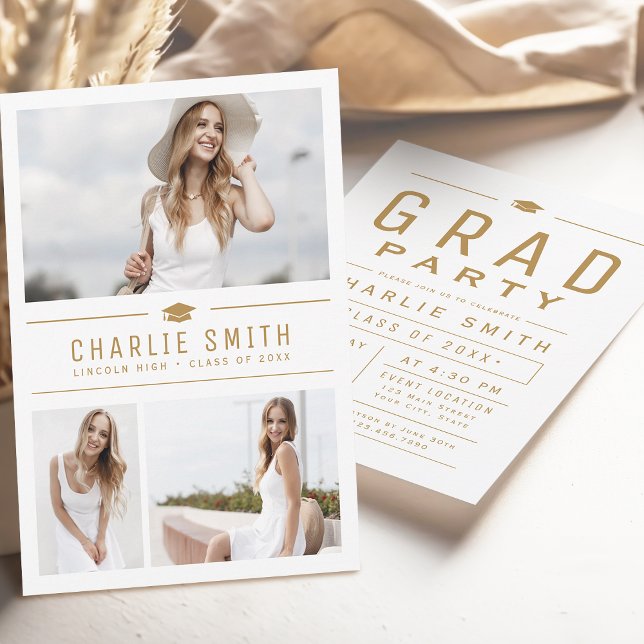 Gold Moderne Typografie 3 Foto Graduation Party Einladung (Gold Modern Typography 3 Photo Graduation Party Invitation)