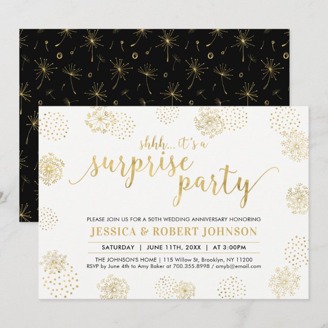 Gold | Moderne Überraschung 50. Hochzeitstag Einladung (Vorne/Hinten)