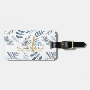 Gold Monogram Azure Blue Botanical Blätter Wedding Gepäckanhänger
