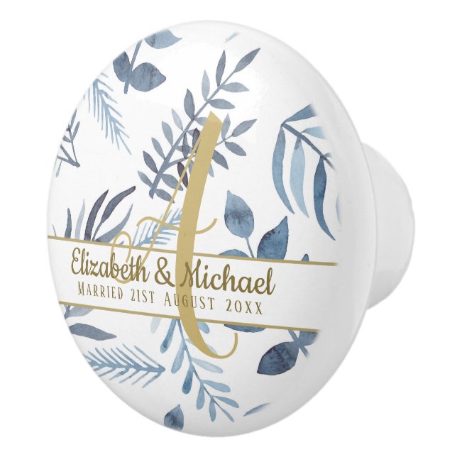 Gold Monogram Azure Blue Botanical Blätter Wedding Keramikknauf (Rechts)