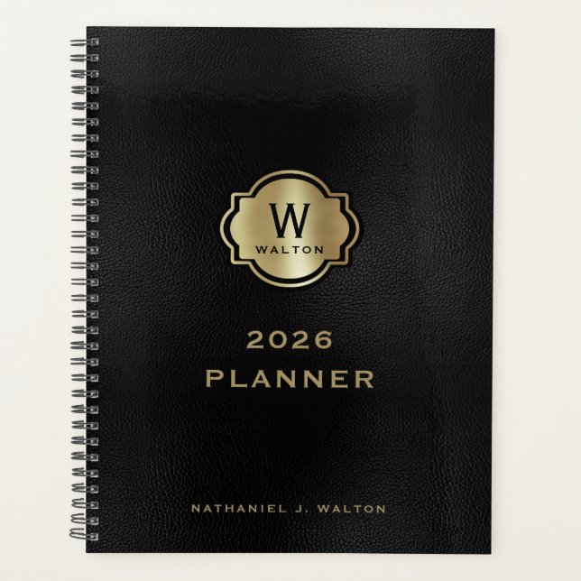 Gold Monogram Black Leather Look Planer (Vorderseite)