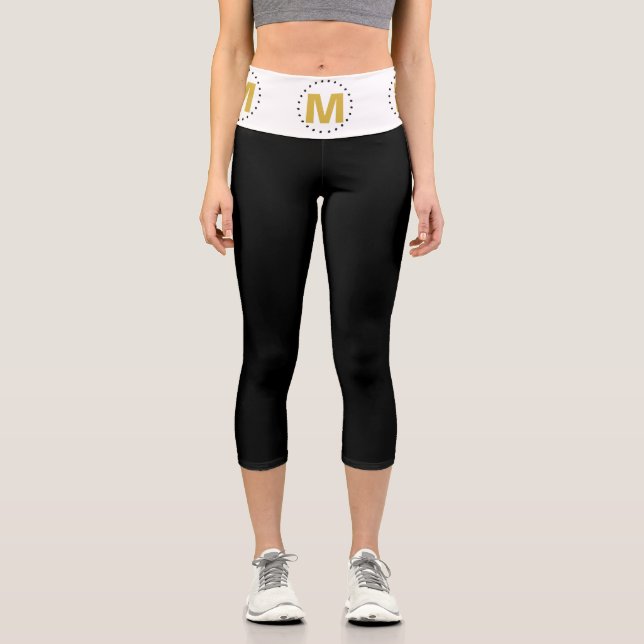 Gold Monogram Black Polka Dots Capri Leggings (Vorderseite)
