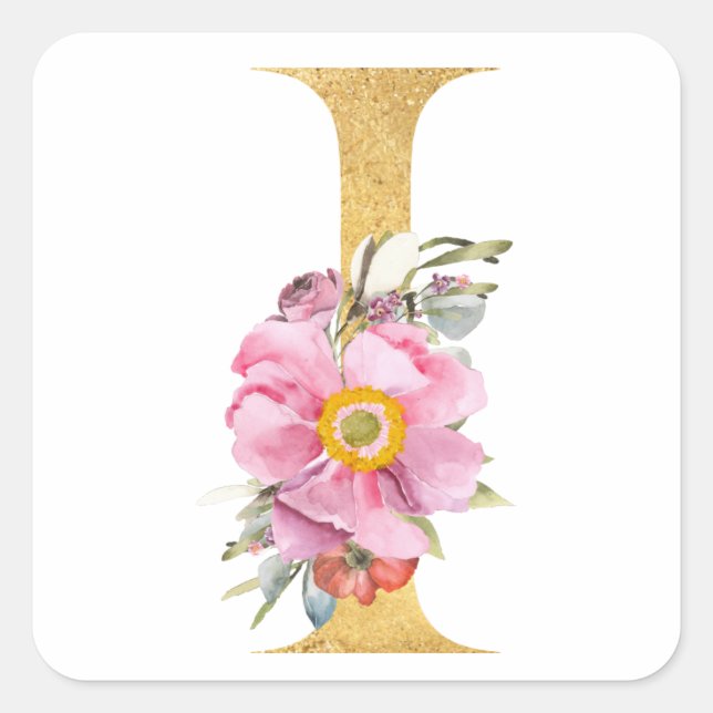 Gold MONOGRAM Brief I mit Blume Quadratischer Aufkleber (Vorderseite)