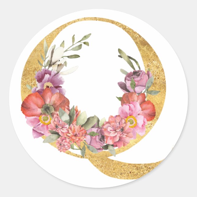 Gold MONOGRAM-Brief Q mit Blume Runder Aufkleber (Vorderseite)