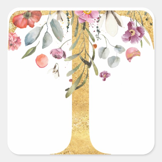 Gold MONOGRAM Brief T mit Blume Quadratischer Aufkleber (Vorderseite)