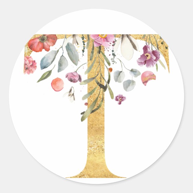 Gold MONOGRAM Brief T mit Blume Runder Aufkleber (Vorderseite)