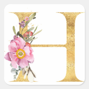 Gold MONOGRAM Buchstabe H mit Blumen Quadratischer Aufkleber