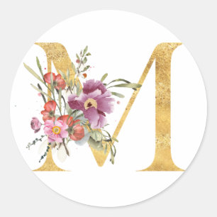 Gold MONOGRAM Buchstabe M mit Blüte Runder Aufkleber