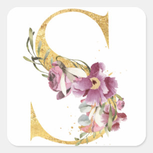 Gold MONOGRAM Buchstabe S mit Blume Quadratischer Aufkleber