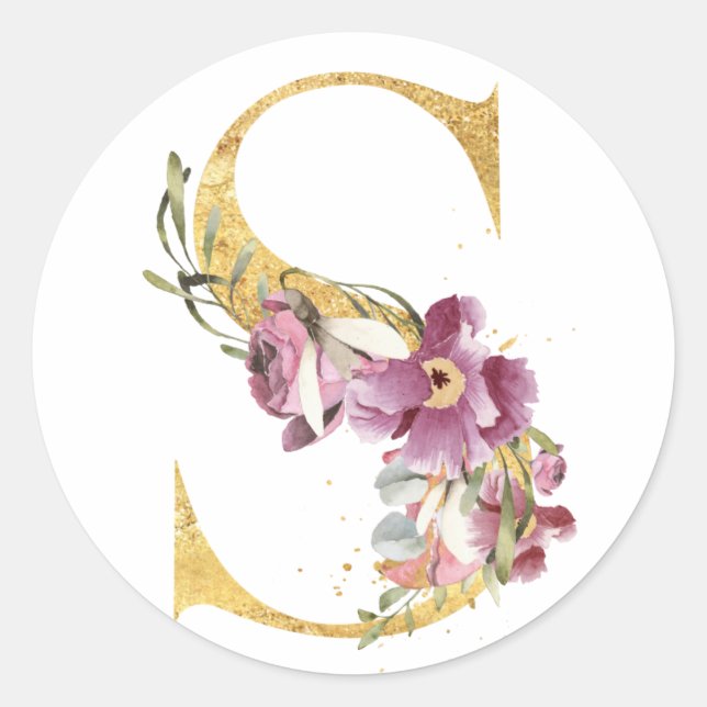 Gold MONOGRAM Buchstabe S mit Blume Runder Aufkleber (Vorderseite)