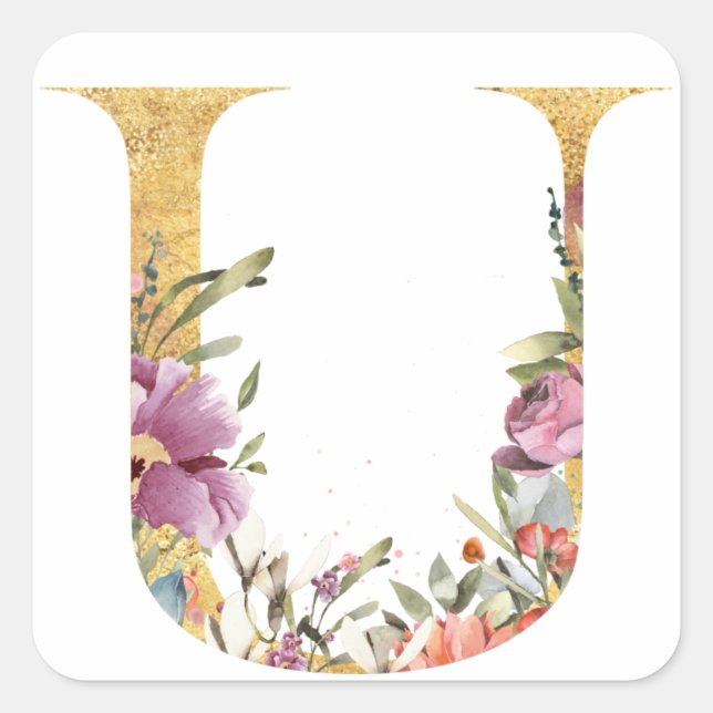 Gold MONOGRAM Buchstabe U mit Blume Quadratischer Aufkleber (Vorderseite)