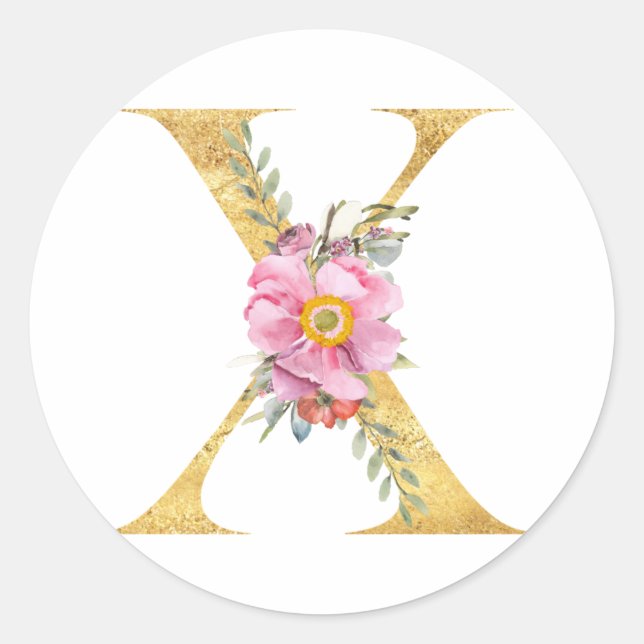 Gold MONOGRAM Buchstabe X mit Blume Runder Aufkleber (Vorderseite)