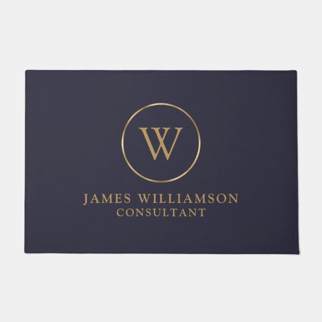 Gold Monogram Dark Midnight Navy Blue Business Fußmatte (Vorderseite)