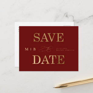 Gold Monogram Deep Red Wedding Save the Date Ankündigungspostkarte