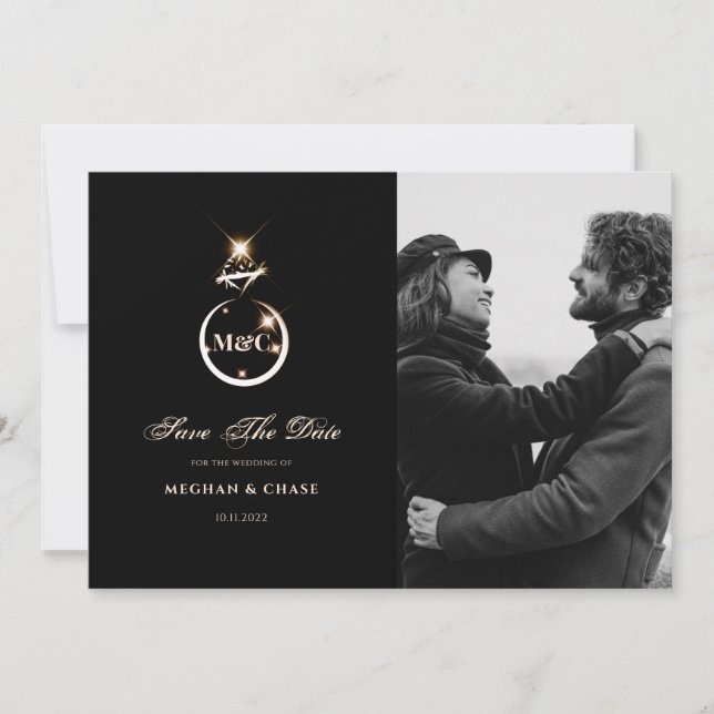 Gold Monogram Diamond Wedding Foto Save The Date (Vorderseite)