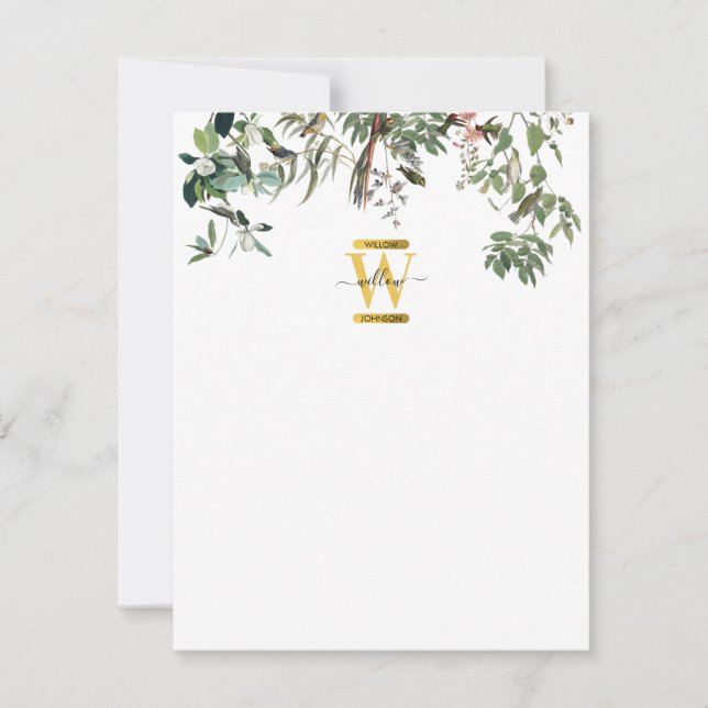 Gold Monogram Elegant Eukalyptus Greenerity & Bird Mitteilungskarte (Vorderseite)