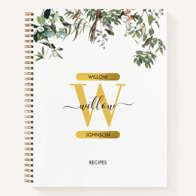 Gold Monogram Elegant Eukalyptus Greenerity & Bird Notizbuch (Vorderseite)