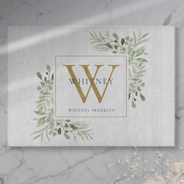 Gold Monogram Elegant Greenerenerage Foliage Schneidebrett (Gold Monogram Elegant Greenery Foliage Cutting Board)