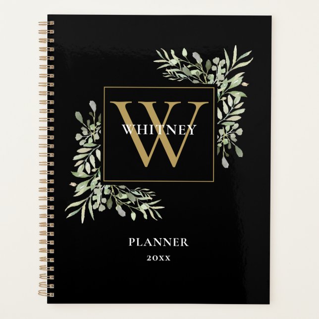 Gold Monogram Elegant Greenery Black 2023 Planer (Vorderseite)