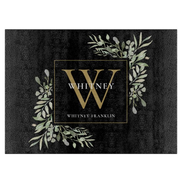 Gold Monogram Elegant Grünfolie Schwarz Schneidebrett (Vorderseite)