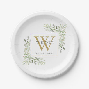 Gold Monogram Elegant Modern Green Paper Plate Pappteller