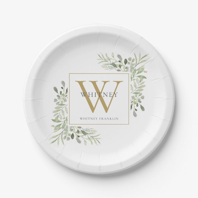 Gold Monogram Elegant Modern Green Paper Plate Pappteller (Vorderseite)