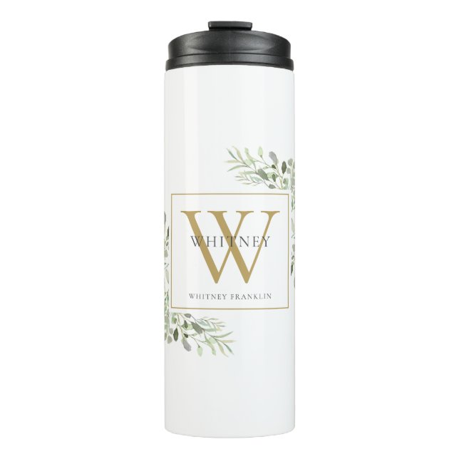 Gold Monogram Elegant Moderne Grüne Thermosbecher (Vorderseite)