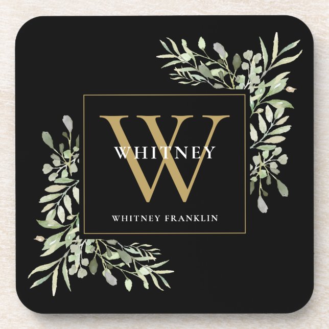 Gold Monogram Elegant Modernes Grün Schwarz Getränkeuntersetzer (Vorderseite)