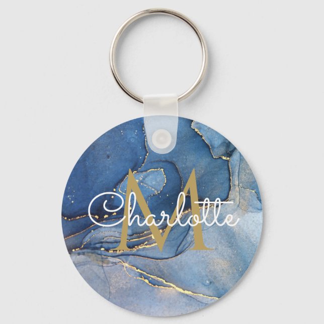 Gold Monogram Elegant Script Blue Agate Geode Schlüsselanhänger (Vorderseite)