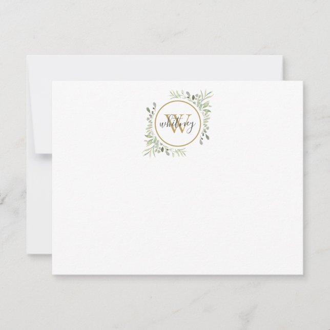 Gold Monogram Elegant Script Greenery Mitteilungskarte (Vorderseite)