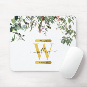Gold Monogram Elegantes Eukalyptus Grün & Vögel Mousepad