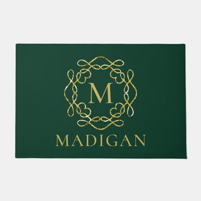 Gold Monogram Family Name Dunkelgrün Willkommen Fußmatte (Vorderseite)