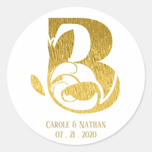 Gold Monogram Floral Initial Letter B Wedding Runder Aufkleber (Vorderseite)
