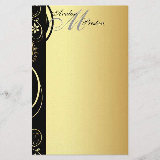 Gold Monogram Floral Scroll Wedding Stationary Briefpapier (Vorderseite)