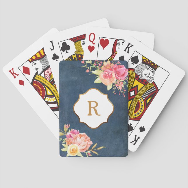 Gold Monogram Florals Vintag Blue Texture Spielkarten (Rückseite)