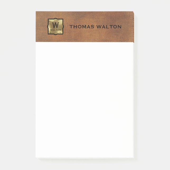 Gold Monogram Genuine Leather Look Elegant Post-it Klebezettel (Vorderseite)