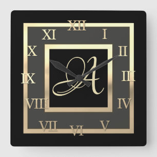 Gold Monogram Gerahmte erste römische Num Quadratische Wanduhr