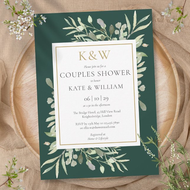 Gold Monogram Greenerald Couples Dusche Einladung (Gold Monogram Greenery Emerald Couples Shower Invitation)