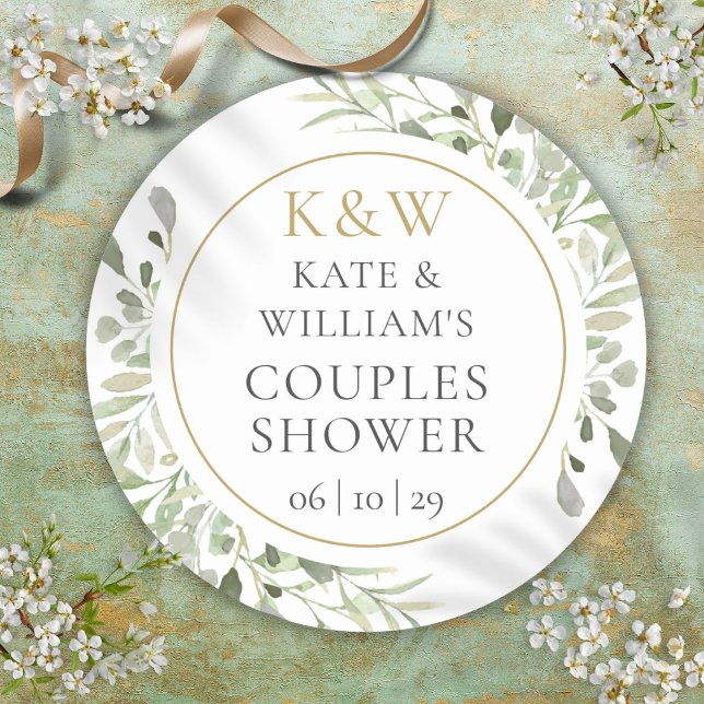 Gold Monogram Greenerenery Couples Brautparty Runder Aufkleber (Gold Monogram Greenery Couples Bridal Shower Classic Round Sticker)