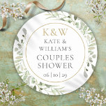 Gold Monogram Greenerenery Couples Brautparty Runder Aufkleber<br><div class="desc">Diese schicken botanischen Duschaufkleber mit zarten Aquarellfarben-Blätter können mit Ihren Monogramm-Initialen und speziellen Duschdetails für Paare personalisiert werden. Von Thisisnotme entworfen</div>