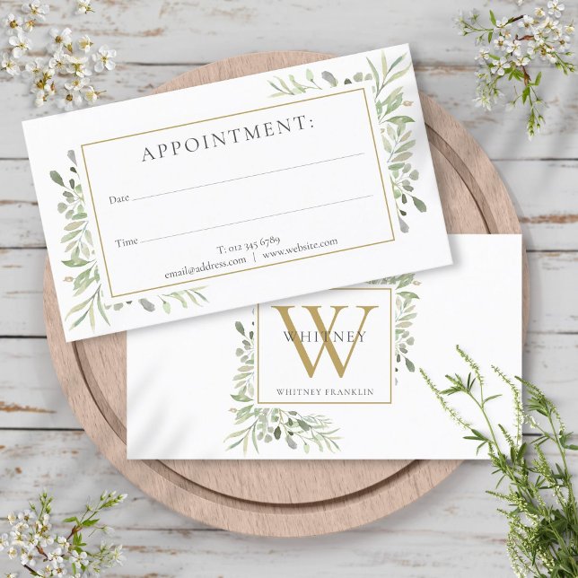 Gold Monogram Greenerity Terminierungskarte Visitenkarte (Gold Monogram Greenery Appointment Card)