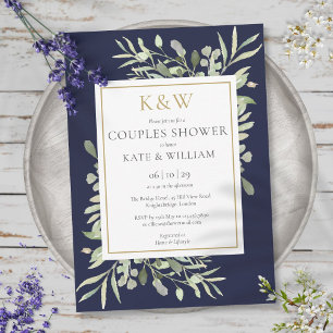 Gold Monogram Greenery Navy Blue Couples Dusche Einladung