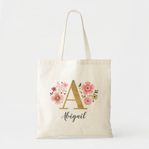 Gold Monogram Initial Letter "A" Floral Tragetasche