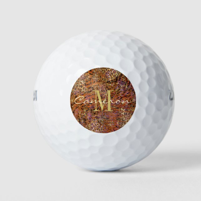 Gold Monogram Initial und Name auf Leopard Skin Go Golfball (Vorderseite)