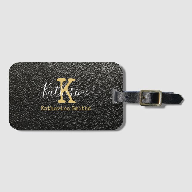Gold Monogram Initial und Name auf schwarz Gepäckanhänger (Vorderseite (Horizontal))